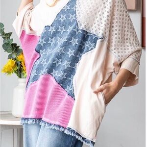 Denim patched Star top SMALL boho cottagecore festival  textured oversized fit